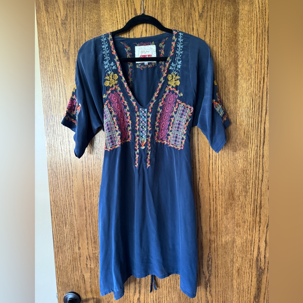 Johnny Was Navy Embroidered Silk dress Sz M